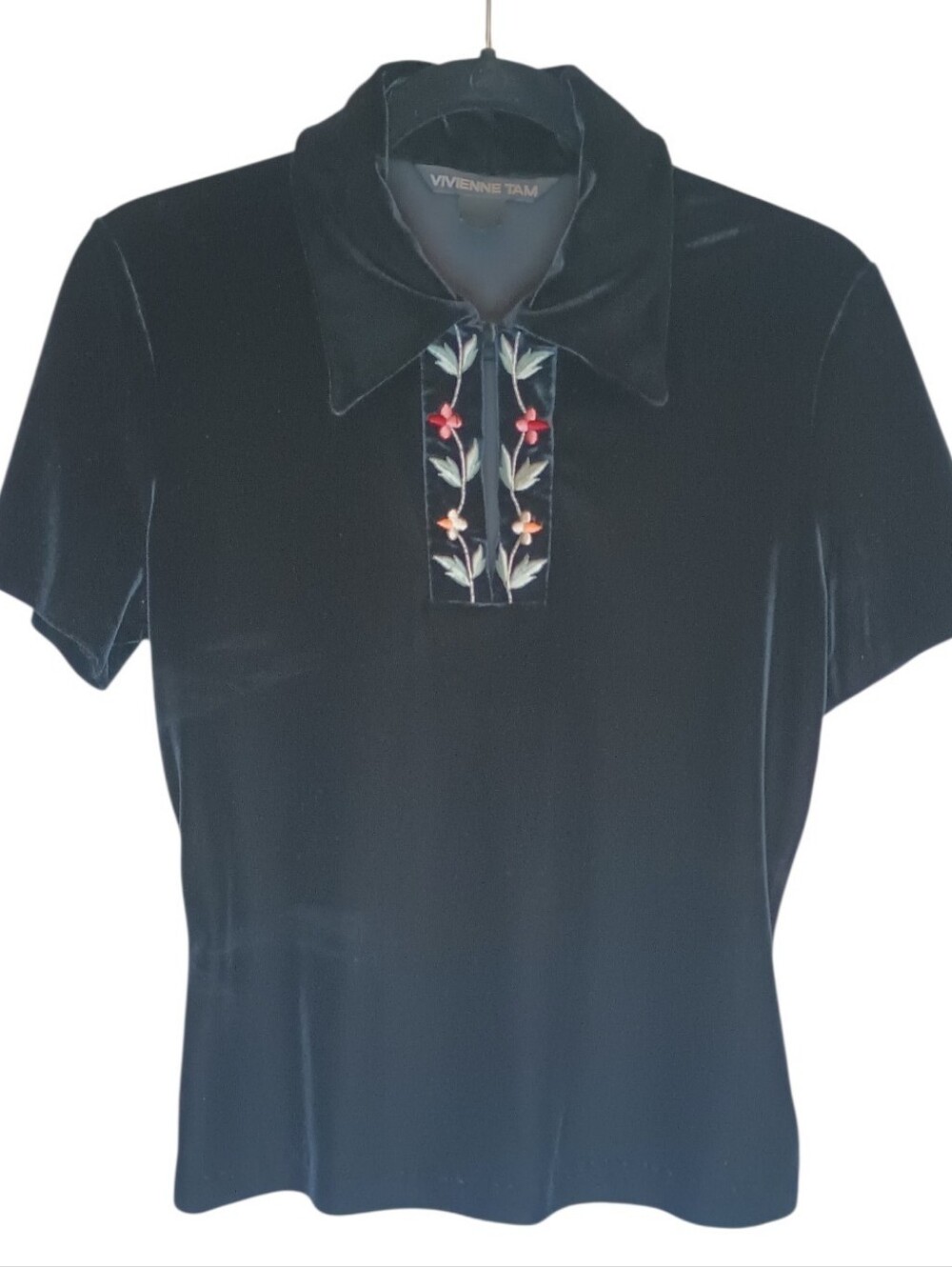 Vivienne Tam Black Velvet Short-Sleeve Polo with Floral Embroidery